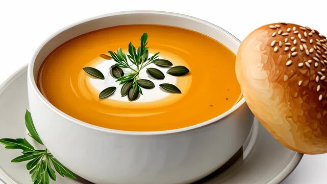 Closeup pan of creamy pumpkin soup with herb garnish and fresh bread roll