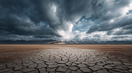 Surreal image of desert meeting melting ice field under stormy sky, symbolizing climate change and global warming. Desertified landscape meeting melting ice field, cloudy sky. Climate crisis
