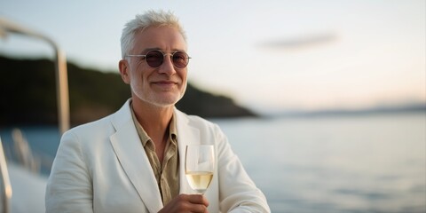 Mature caucasian man enjoying wine on yacht at sunset
