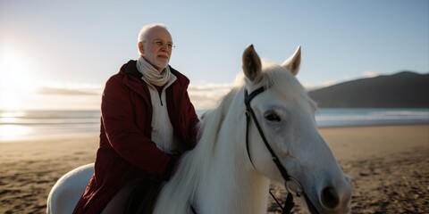 Elderly caucasian male riding white horse on beach at sunset