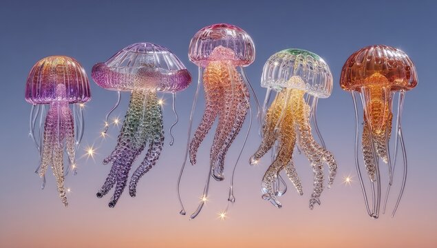 Jellyfish row, vibrant colors. Serene sky background
