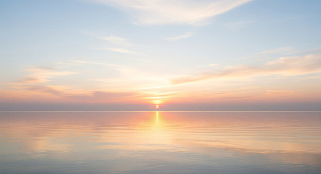 Serene sunrise or sunset over a calm, reflective ocean.
A breathtakingly tranquil seascape at either sunrise or sunset. The sun is a small, glowing orb positioned low on the horizon