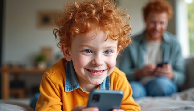 Young redhead boy uses smartphone indoors. Smiling child plays game, learns, watches video on mobile device. Father sits nearby, also using phone, watching.