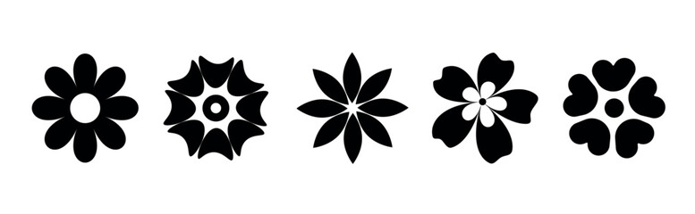 Set of five stylized black floral silhouettes on white background