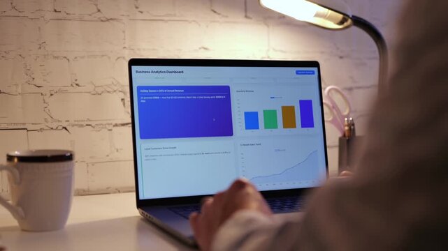 Middle Aged Male Businessman Viewing Annual Business Analytics Dashboard Fueled by Holiday Sales and Specials - Business Intelligence Analyst Concept