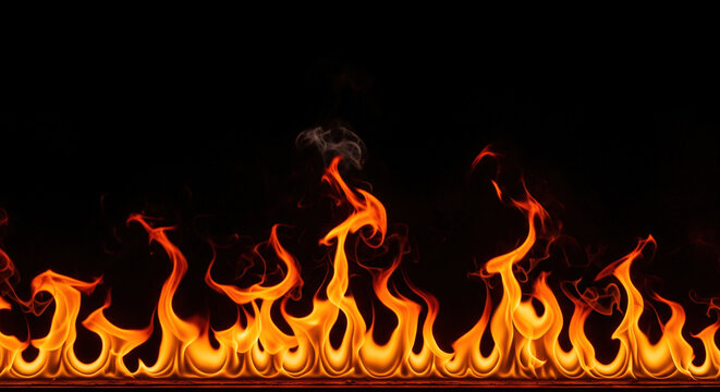 Intense, bright orange and red flames rising against a black background. Concepts of heat, energy, barbecue, and danger.