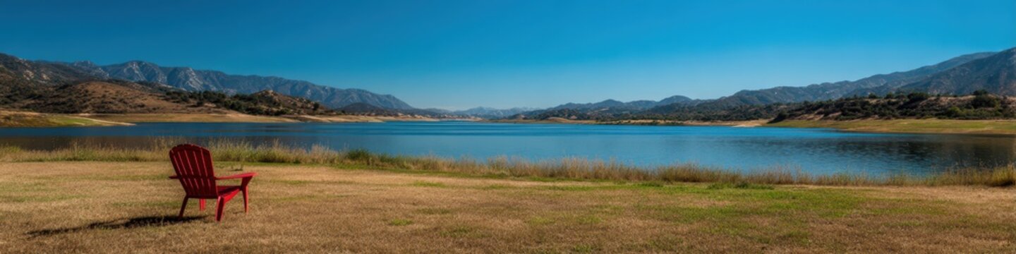 Camp Chair by Lake Cachuma: A Scenic Retreat in Santa Barbara County, California, Surrounded by Lush Grass and Serene Blue Waters