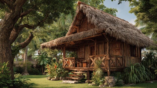 Charming Bahay Kubo: Traditional Wooden Cabin Surrounded by Nature in a Serene Rural Village Setting