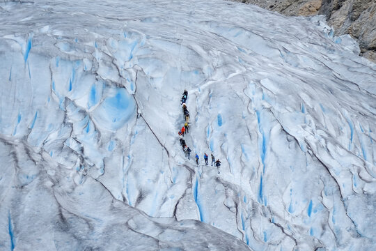 Folgefonna Glacier, Norway - July 28. 2025: Hikers trekking across the blue crevassed ice of Folgefonna glacier in southern Norway.