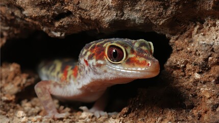 Fototapeta premium Chinese Cave Gecko with Distinct Banded Patterns and Striking Red Eyes in Natural Habitat