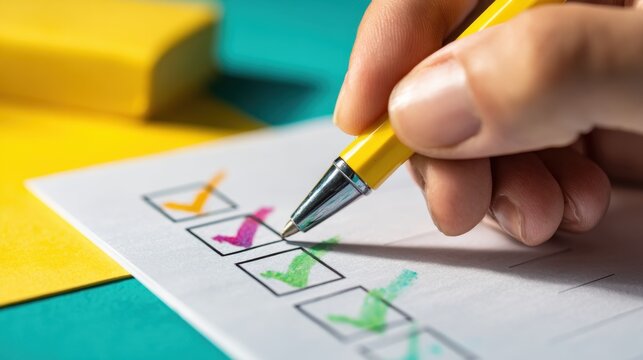 Hand checking colorful boxes on checklist for task organization and productivity,Commitment Day