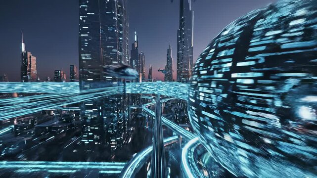 Futuristic cityscape with sleek highway and majestic bridge unfolding at dusk, showcasing technological innovation, global connectivity, and forward thinking progress, perfect for conveying.