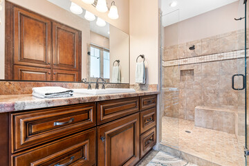 This is a bathroom featuring a sink, a mirror, and a walkin shower