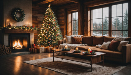 A rustic room decorated for Christmas with warm lights, a woolen blanket on the sofa, an illuminated tree, and a cozy atmosphere at dusk. living room with christmas tree fireplace