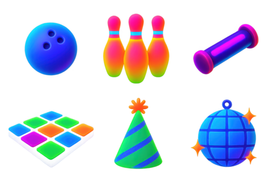 Set of six colorful icons for bowling, party, and fitness. The bowling icons include a bowling ball and three bowling pins