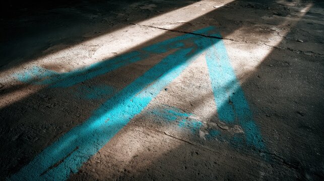 Diagonal blue arrow on weathered concrete in sunlit parking lot,Commitment Day