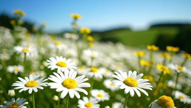 Alpine wild flowers. Beautiful wildflower meadow blooms in spring sunlight showcasing vibrant colors and rich nature. White and yellow daisies wsaying in the wind on green meadow 