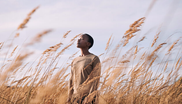African woman in nature, serene lifestyle portrait in tall golden grass at sunset