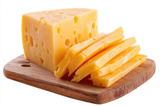 Kashkaval Cheese Slices on a Serving Board Against an Isolated White Background