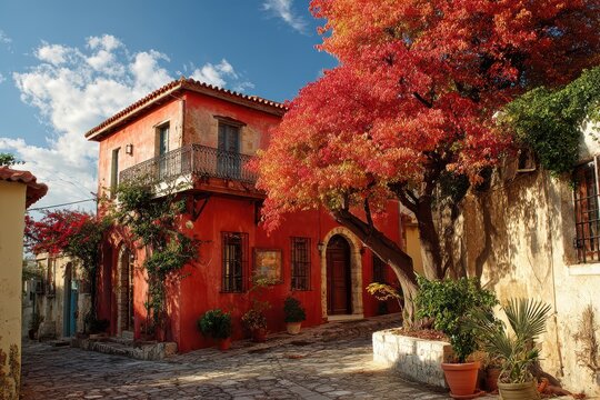 Charming Streets of Archanes: Historical Houses Under the Autumn Sky in Crete, Greece