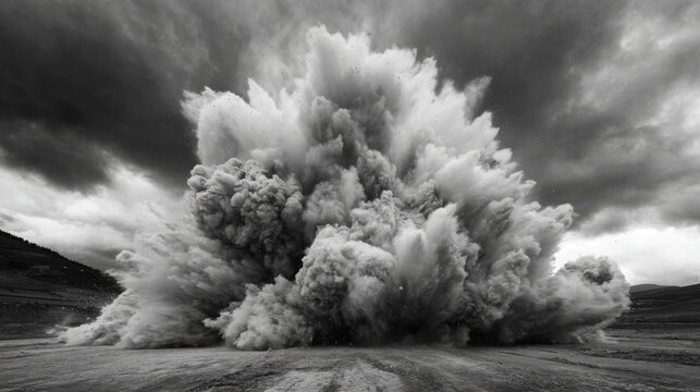 A powerful explosion creates a towering cloud of dust and debris against a stormy sky at twilight. - Powered by Adobe