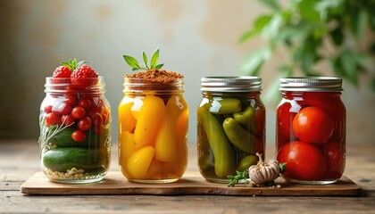 Glass jars filled with conserved colorful veggies stand on wooden board. Pickled cucumbers tomatoes peppers. Home storage for winter. Healthy organic vegan food prepared for family. Farm harvest