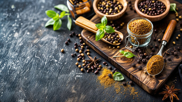 Various spices and herbs preparing for cooking on dark background