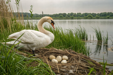 A white swan on the shore of a lake near a nest with eggs