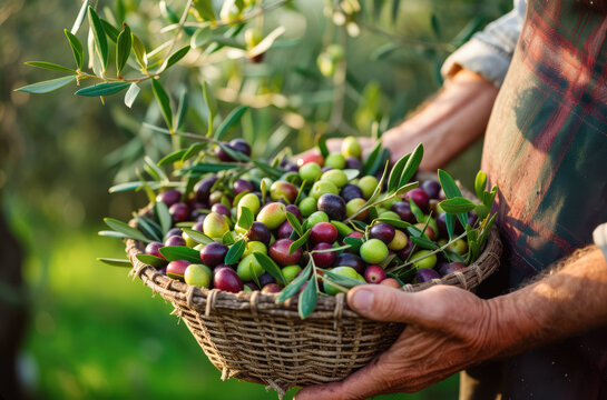 Farmer hands holding basket of fresh olives