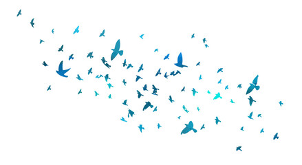 Flying birds blue silhouette flock. hand drawing. Not AI. Vector illustration