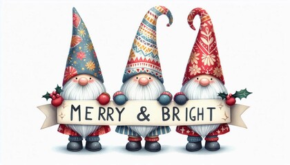 Colorful gnomes celebrating the holiday season with a cheerful message while holding a festive banner