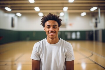 Teen boy smiling in a basketball gym
