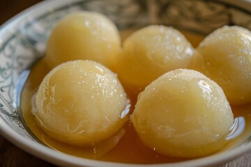 Delicious sweet dumplings in syrup served in a bowl