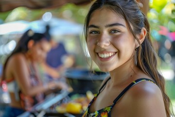 Young woman smiling at a summer barbecue gathering