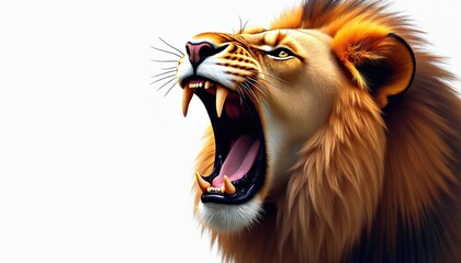 Close-up portrait of a roaring lion. The wild cat opens its powerful jaws showing sharp teeth and pink tongue. Majestic mane surrounds its face. Fierce animal in its natural habitat.