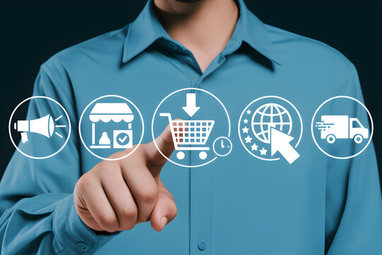 Man's hand interacts with ecommerce icons showcasing online shopping store cart global reach and fast delivery ideal for digital marketing and business growth strategies