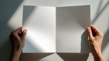 Hands holding open blank book in sunlight for creative design and inspiration,Commitment Day