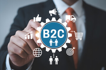 Businessman presents b2c business model with digital icons representing sales growth online shopping global reach and target marketing showcasing modern business strategies and customer relations