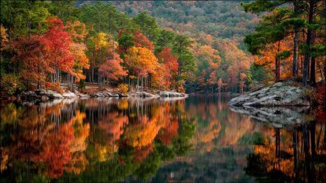 Autumn Colors Reflected on Serene Lake at Cheaha State Park, Alabama's Seasonal Landscape