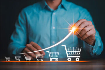 Man demonstrates sales growth with upward arrow and shopping cart icons showing business success and positive trends in ecommerce and retail markets indicating profit increase
