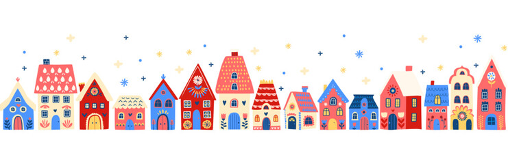 Naklejka premium Scandinavian Winter Village seamless border pattern, Cozy Folk Art Houses Illustration