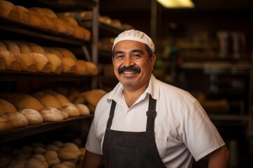 Adult baker smiling proudly in a bakery filled with fresh bread