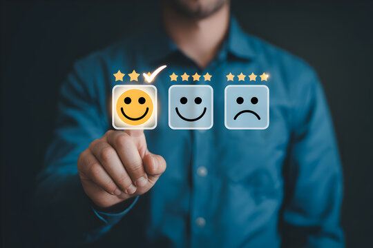 Man selects a happy face icon with a checkmark indicating positive feedback and customer satisfaction in a digital survey showcasing user experience and service quality assessment - Powered by Adobe
