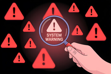 Hand holding magnifying glass over system warning alert with red exclamation point triangles indicating error and security vulnerability on a dark background for technology concepts