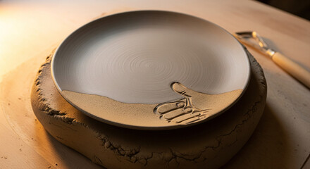 Handmade Ceramic Plate with a Hand Impression in Unfired Clay.
A close-up studio shot of a handcrafted ceramic plate resting on a mound of raw clay