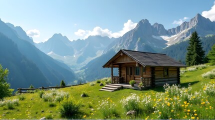 Fototapeta premium Cozy alpine cabin with mountain meadow landscape 
