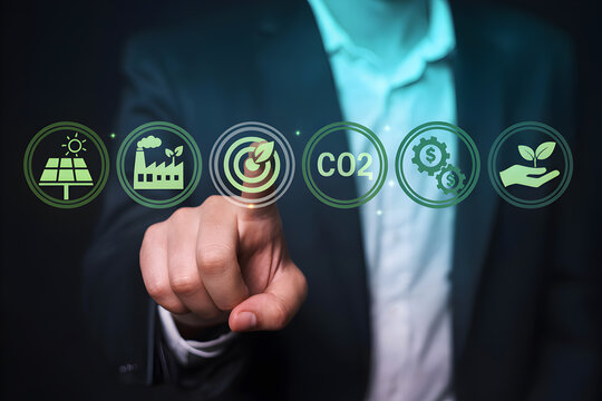Businessman interacts with green energy and sustainability icons promoting ecofriendly initiatives and renewable resources for a cleaner future showcasing corporate social responsibility