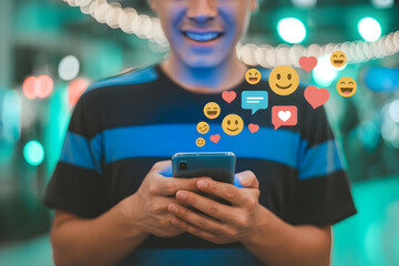 Smiling man interacts with social media on his smartphone receiving likes comments and emoji reactions showcasing digital engagement and online communication in a modern connected world