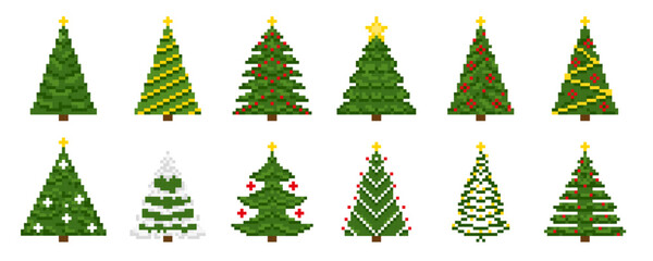 Pixel Christmas tree game icon vector set. Retro computer 8 bit pixelated winter holiday elements