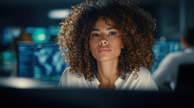 Portrait of a woman cybersecurity analyst working in a global monitoring center, surrounded by digital maps and data screens, symbolizing cyber defense, analytics and high-tech operations - Powered by Adobe
